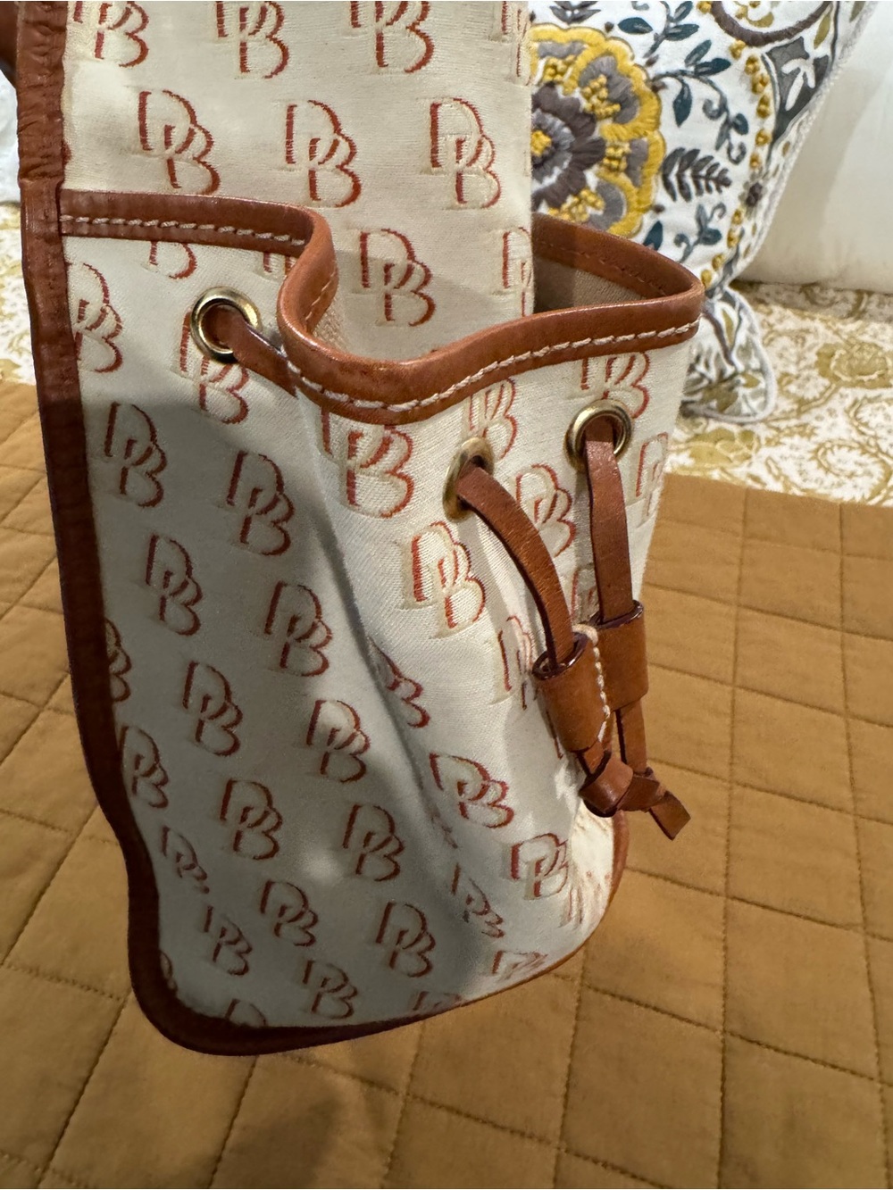 Dooney & Bourke Cream Canvas Tote with Brown Leather Trim - Picture 4 of 15